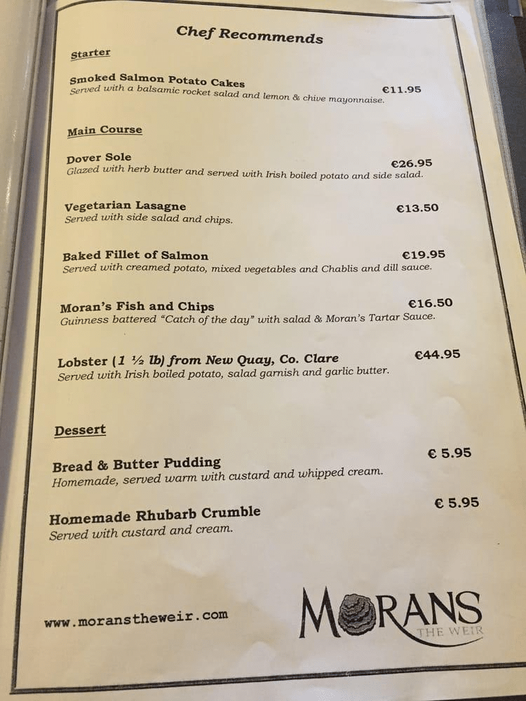 sample menu, irish food